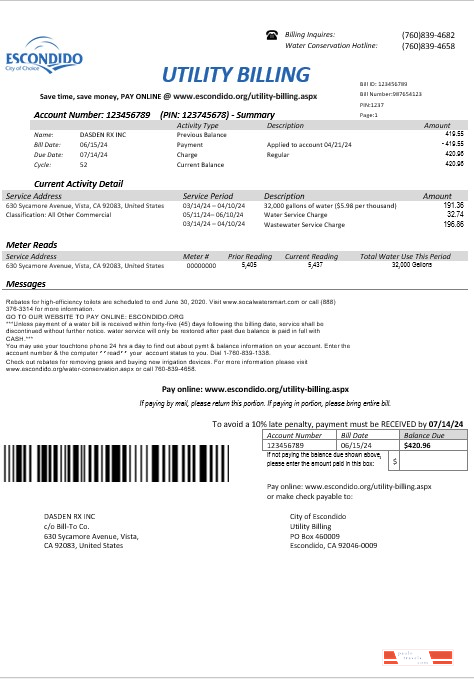 USA California Escondido City of Choice business utility bill template in Word and PDF formats